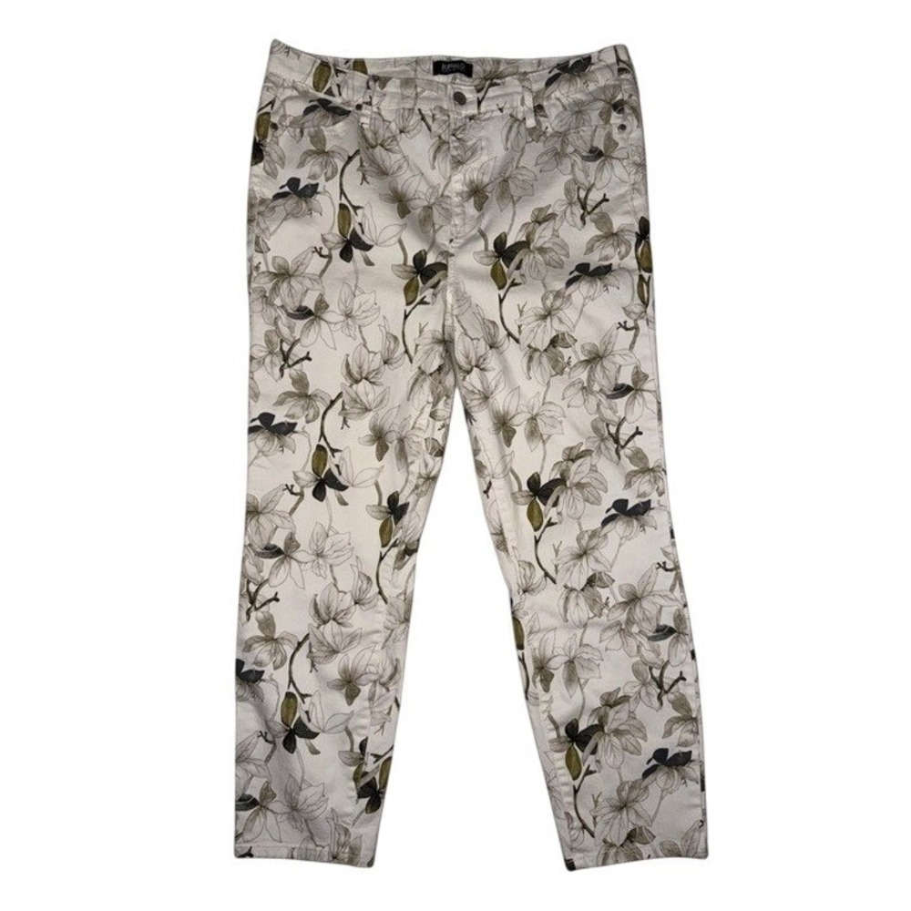 Buffalo David Bitton Womens Floral Slim Leg Pants White Green Size 14/34
